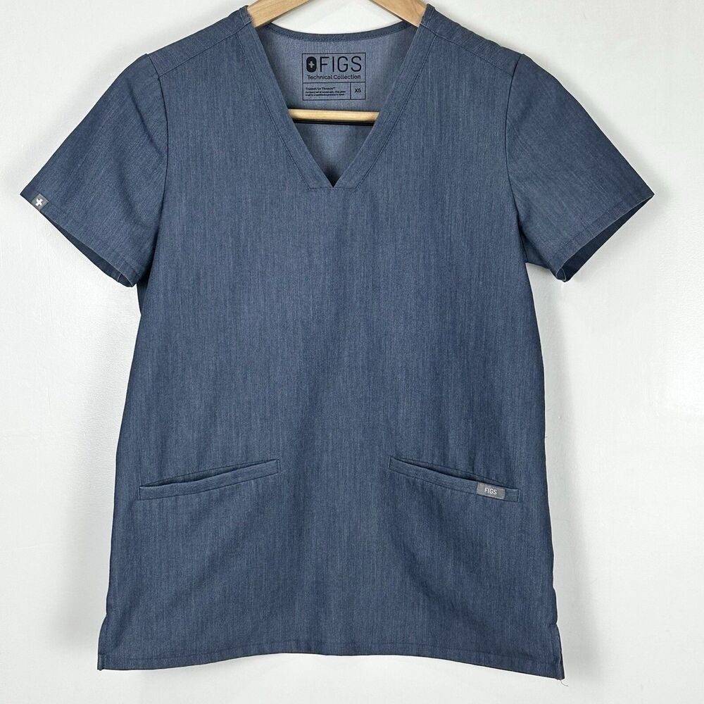 FIGS Casma Three Pocket Scrub Top Heathered Blue Indigo XS Medical Core Wellness